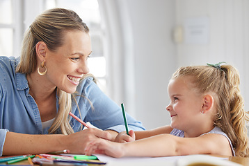 Image showing Home school, mother and kid education, creative learning and studying, writing and fun crayon drawing in Australia. Happy mom teaching child development, knowledge and creativity together for growth