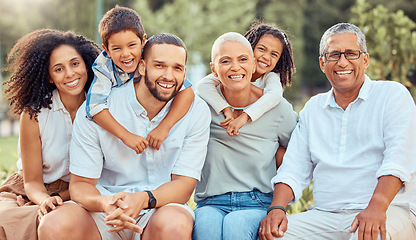 Image showing Happy big family, portrait and smile in nature on trip, vacation or holiday spending vacation time together. Love, care and man, woman and children with grandparents bonding in park or countryside.