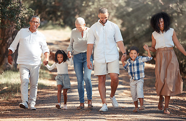 Image showing Generation big family walking garden park in summer, travel and freedom in South Africa outdoors. Happy, smile and carefree grandparents, parents and kids relax, bond and enjoy sunny holiday together