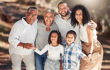 Image showing Black family in a park portrait for summer holiday, outdoor wellness and growth development with elderly grandparents and children. African grandmother, grandfather with dad, mom and kids lens flare