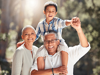 Image showing Happy family, portrait and grandparents with child in nature with a big smile enjoying summer holidays and retirement, Detroit, old man and senior grandmother love being with playful kid on vacation
