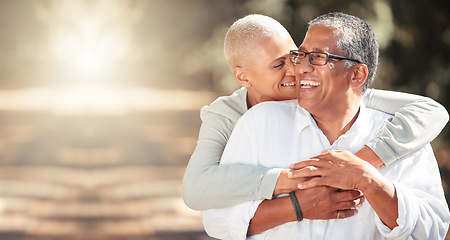 Image showing Happy, love and relax with old couple in park and hug together for health, nature and retirement. Smile, support and lifestyle with old man and woman in countryside for wellness, summer and vision