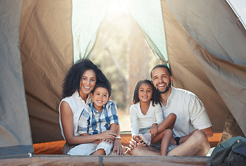 Image showing Camping tent, nature and parents on holiday in the forest of Australia for travel adventure during summer. Happy kids with mother and father on vacation in the desert for family freedom in the woods