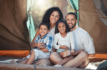 Image showing Happy family, children and camping in tent for fun, adventure and bonding with mom and dad on trip in nature. Portrait of woman, man and children together to relax on summer camp or vacation outdoors