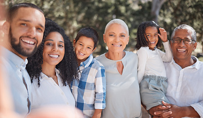 Image showing Family portrait, selfie or children bonding in nature park, garden or Morocco picnic location in trust, love or security. Smile, happy or kids with mom, dad or grandparents in social media photograph