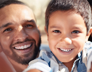 Image showing Portrait, father and child take a selfie in nature for a fun memory together in a park on summer holiday vacation. Smile, family and dad with son or boy enjoying outdoors in Mexico and quality time