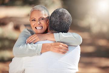 Image showing Nature, senior couple and hug portrait for love and care on outdoor bonding outing in Mexico park. Happy, elderly and married Mexican people enjoy embrace together on retirement leisure break.