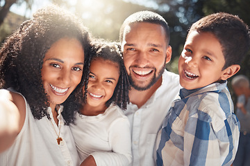 Image showing Happy, family and selfie smile in nature for fun summer vacation or break together in the outdoors. Portrait of African mother, father and children smiling with phone in happiness for holiday trip