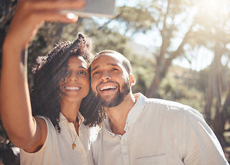 Image showing Black couple, smile and phone selfie in nature for summer vacation, adventure and fun together outdoors. Portrait of a happy African man and woman in relationship smiling for photo in South Africa