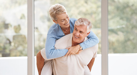 Image showing Happy senior couple in living room, love support in retirement and laughing happiness in marriage. Australia home with funny elderly man, hug senior woman with crazy trust and joke smile together