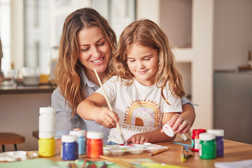 Image showing Mother, girl and painting art in house studio, home or creative space with brush, oil paint or palette. Happy smile mom, child or kid bonding in relax design or class activity for adhd or autism help