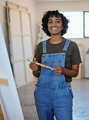 Image showing Paint, creative and art with a woman artist painting on a canvas in her workshop. Painter, artistic and creativity with a young female working in her design studio for artwork or expression in India