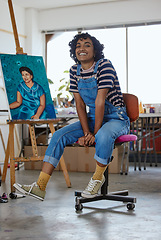 Image showing Happy artist, creative canvas art portrait and woman getting to relax after painting watercolor project. Freelance painter talent, paint studio workshop and smile on face after oil paint illustration