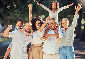 Image showing Love, energy and happy family celebrating freedom and a holiday while bonding on an outdoor trip in nature together. Joy, cheerful and crazy kids looking excited and playful with their relaxed family