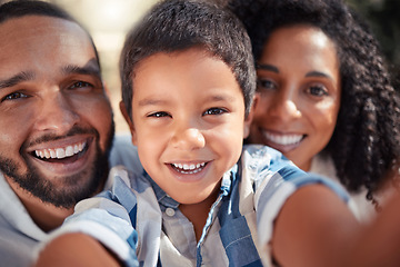 Image showing Happy, smile portrait of family taking selfie outdoors, having fun laughing and bonding. Love, happy family and caring parents enjoy free time with their playful son, laughing and showing affection