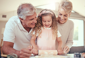 Image showing Learning, family and girl baking with grandparents in a kitchen, bonding while prepare cookies together. Teaching, learn and child development by senior man and woman showing child how to bake snack