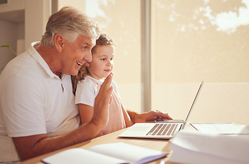 Image showing Elderly man, laptop and child on video call speaking and waving while relaxing in the family home. Happy, smile and grandfather and little girl greeting on a virtual call with a computer in the house