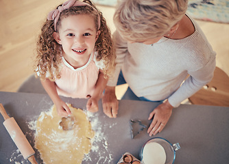 Image showing Food, family and portrait of girl baking with grandmother in kitchen, happy, relax and prepare cookies together. Learning, growth and child development by kid and granny have fun with shape and flour