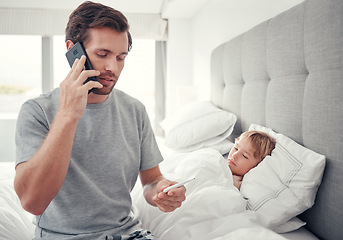 Image showing Father phone call doctor for sick child, virus and fever in Australia house bedroom. Worried man parent consulting kids healthcare advice, hot temperature thermometer and medical help for covid risk