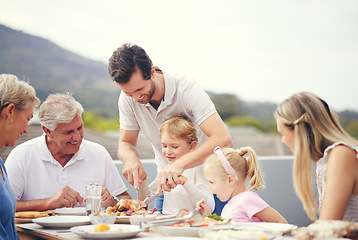 Image showing Thanksgiving lunch, big family and dad turkey carving outdoor with food and happy people. Father, senior grandparents and children with a happiness smile on a balcony table ready to eat with the kids