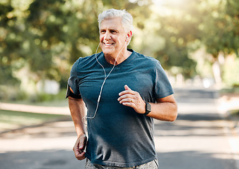 Image showing Senior man running while listening to music outdoor street and park for fitness, wellness or healthy lifestyle with summer lens flare bokeh. Elderly person exercise, workout or jogging with earphones