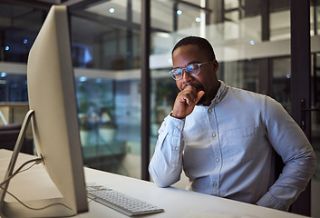 Image showing Yawn, burnout and tired businessman is sleepy in the office from deadlines, overworked and overwhelmed with fatigue. Mental health, yawning and exhausted black man working overtime on his computer