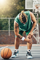 Image showing Basketball injury, sports muscle and man with medical emergency during sport game on court. Professional athlete with pain after knee accident during training for competition, event or fitness match