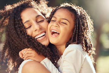 Image showing Happy girl kid hugging mom for mothers day, love and relax at park outdoors for fun together in Colombia. Smile parent, laughing child and play for happiness, quality time and care in summer garden