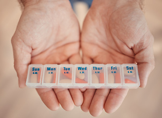 Image showing Pills, medicine and container in hands to schedule for health, wellness and treatment of body. Medication, tablets and reminder for organizing pharmaceutical product for elderly patient routine