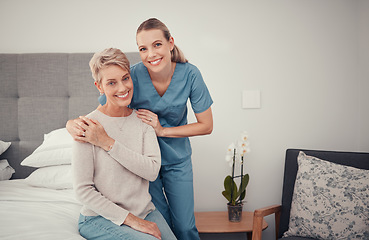 Image showing Homecare, senior healthcare and doctor helping a sick woman with care in bedroom of home. Portrait of a medical nurse giving help, support and consulting with elderly person during house consultation