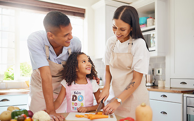 Image showing Happy family, love and cooking healthy food in the kitchen in preparation for a vegan diet for dinner or lunch together. Development, father and mother teaching child a vegetable salad recipe at home