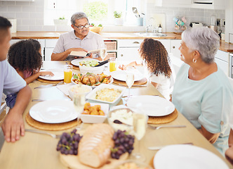 Image showing Mexico family, reading bible at Christmas lunch table with grandparents and children listening for faith, spiritual holiday and love. Happy indigenous people with religion prayer book on thanksgiving