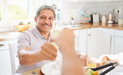 Image showing Champagne, glass and senior couple man for birthday celebration in Mexico home kitchen. Happy elderly people celebrate holiday with alcohol wine, eating lunch or brunch together for retirement wealth