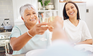 Image showing Champagne, old woman and toast pov of person with grandmother and daughter in home kitchen. Cheers, celebration and smile with alcohol glass, beverage or wine drink cheer at party or family gathering