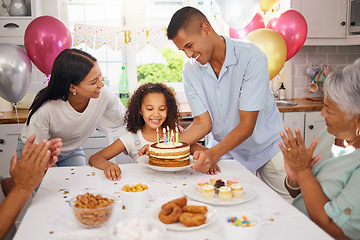 Image showing Child, birthday cake and celebration party with family and parents of a happy and excited girl ready to blow her candles at home. Cute kid at a table in her Puerto Rico house with balloons and snacks