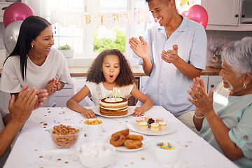 Image showing Birthday, children and cake with a girl in celebration with family at a party while blowing out her candles to make a wish. Kids, applause and happy with a daughter, parents and grandparents at home