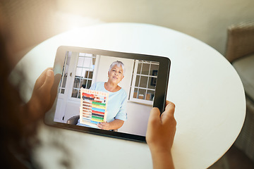 Image showing Elearning, video call and teacher on tablet screen teaching math with child hands for kindergarten knowledge, education and home school. Mexico grandmother on zoom call with kid e learning numbers