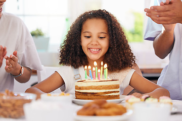 Image showing Little girl, birthday and candle cake for wish in party celebration for child in happiness at home. Happy kid with smile sitting by candles for event or special day celebrating with her parents