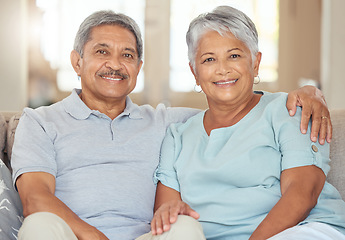 Image showing Retirement couple, portrait and relax sofa lounge, love and living room lifestyle together in Australia home. Elderly, senior and happy man, smile woman and pensioners marriage, relationship and care