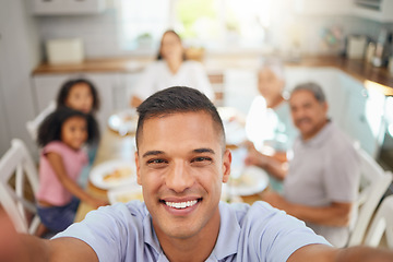 Image showing Big family, selfie and dinner in a house kitchen with a happy man smile. Happiness of bonding people from Mexico together with home cooking food on the table feeling gratitude and love with kids