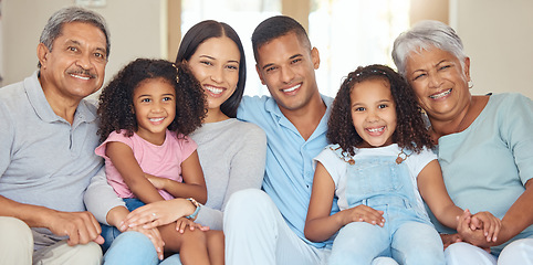 Image showing Portrait of happy family time in living room sofa with smile, hug and bonding for love, relax and happiness. Grandparents, parents and children together relaxing in family home, home or house