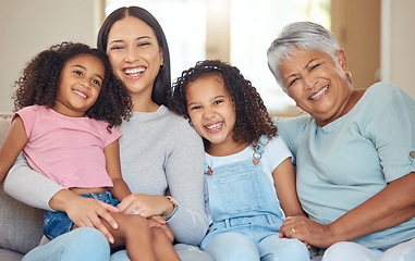 Image showing Happy family, grandmother and girl children on sofa together for mothers day celebration or bonding with love, care and support. Black people elderly, mom and kids in a portrait with smile at home