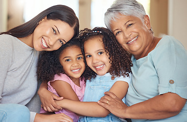 Image showing Portrait, smile and happy family on mothers day with grandmother, mom and girl siblings hugging at home. Mama, children and elderly woman love relaxing, bonding and enjoying quality time together