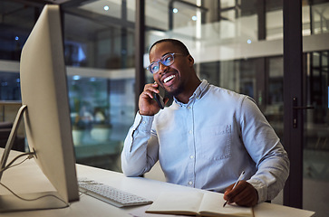 Image showing Phone call, notebook and computer black businessman at office planning, and writing success strategy for accounting company. South African corporate person work on 5g mobile smartphone, pc and notes