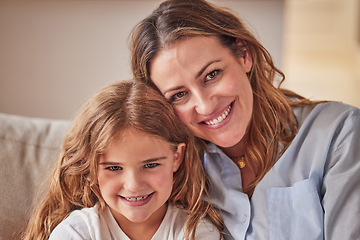 Image showing Smile, mother and child in portrait as a happy family at home enjoying quality time, bonding and weekend together. Kid, happiness and young girl relaxing with a caring, lovely and single parent mom