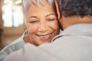 Image showing Love, smile and elderly couple hug in their home, happy and relax while bonding and embracing. Care, affection and calm mature man and woman enjoying romance, intimacy and retirement in their home