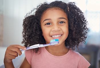 Image showing Young girl kids, portrait and brushing teeth, dental healthcare and bathroom toothbrush in Brazil home. Happy, smile and black child face cleaning mouth, healthy wellness development and fresh breath