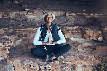 Image showing Nature, yoga and black woman in buddhist meditation cave in Thailand, zen, nature and wellness exercise. Earth, fitness and mountain worship by happy, calm and meditating lady in yoga pose for peace