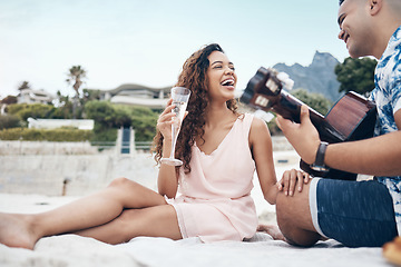 Image showing Love, relax and guitar with couple at the beach with champagne on Cancun vacation for travel, summer and music. Happy, holiday and romance with man and woman on sand for date, youth and relationship