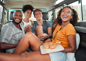 Image showing Food, travel and friends eating on a road trip, happy, relax and laughing while bonding in a car together. Fast food, diversity and face portrait of smiling people enjoying freedom and adventure trip